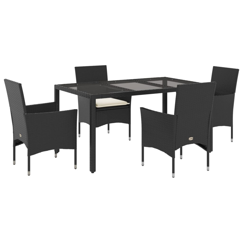 5-delige Tuinset met kussens poly rattan en glas zwart