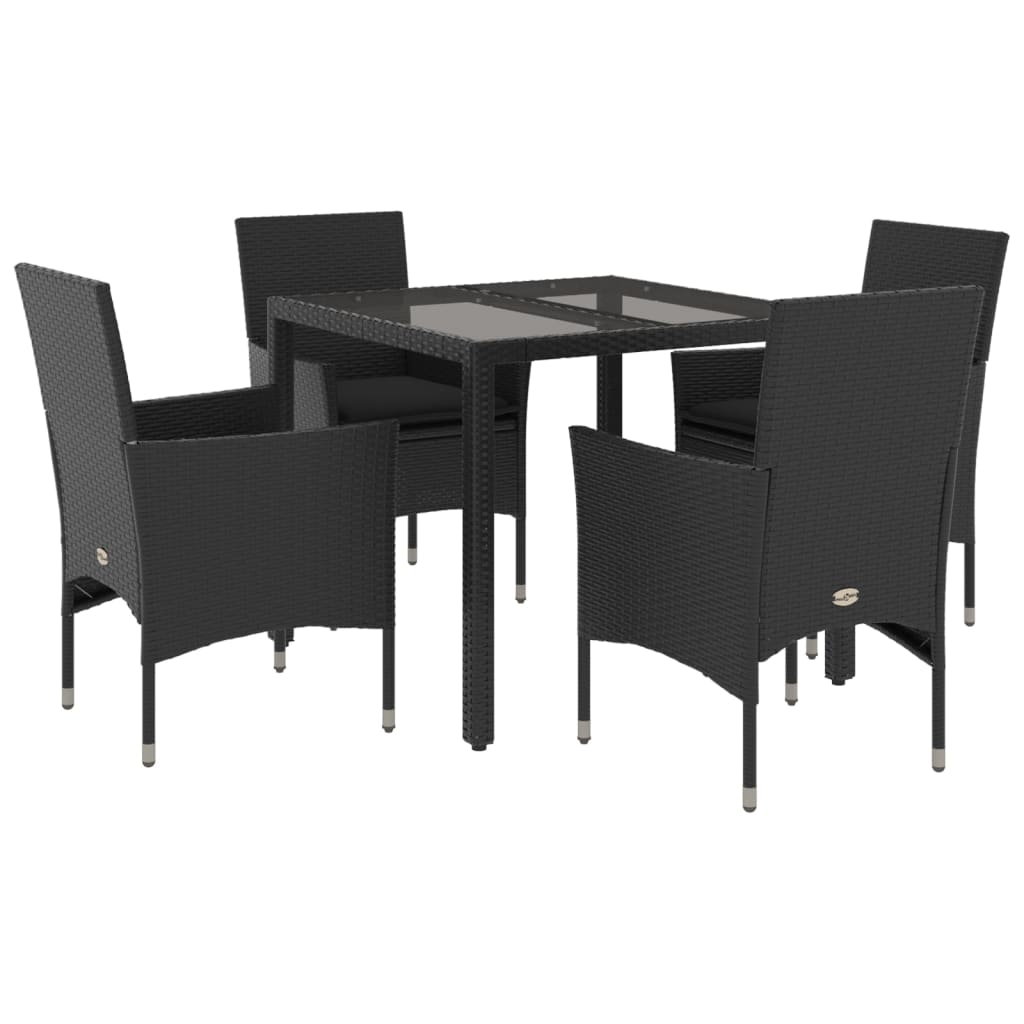 5-delige Tuinset met kussens poly rattan en glas zwart