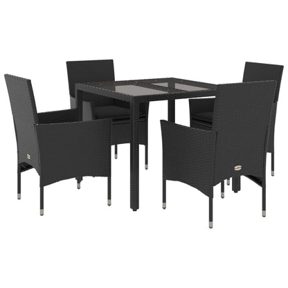 5-delige Tuinset met kussens poly rattan en glas zwart