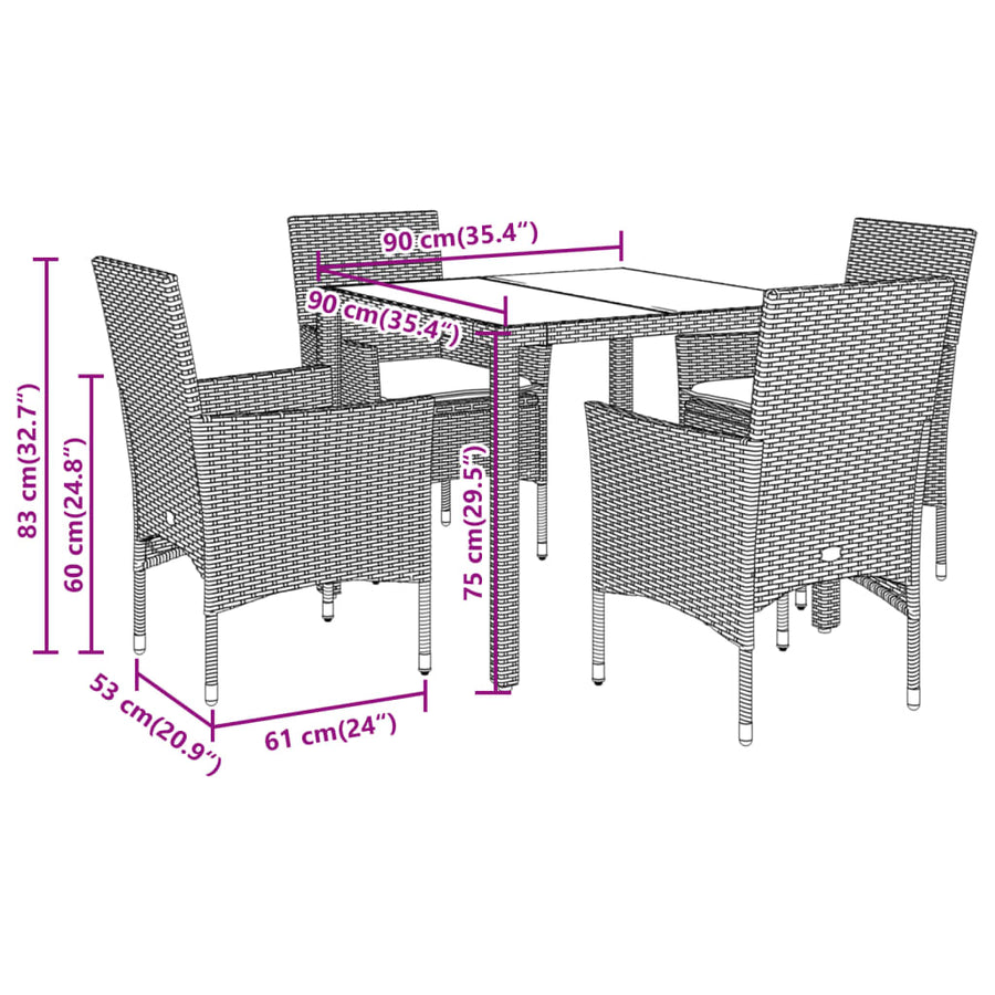 5-delige Tuinset met kussens poly rattan en glas zwart