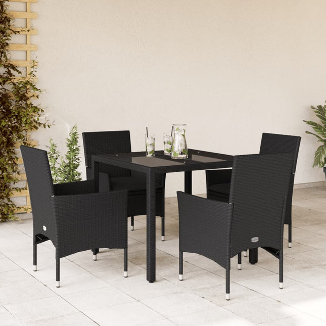 5-delige Tuinset met kussens poly rattan en glas zwart