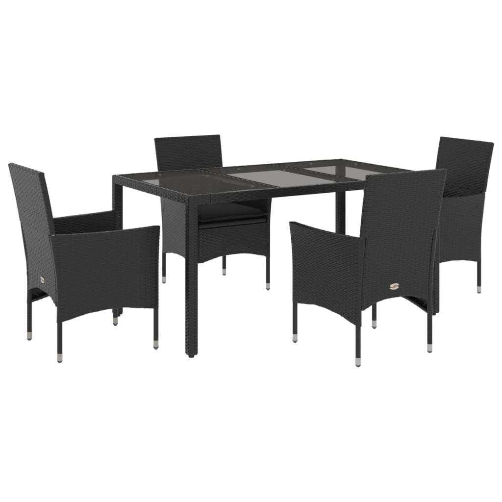 5-delige Tuinset met kussens poly rattan en glas zwart