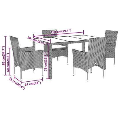 5-delige Tuinset met kussens poly rattan en glas zwart