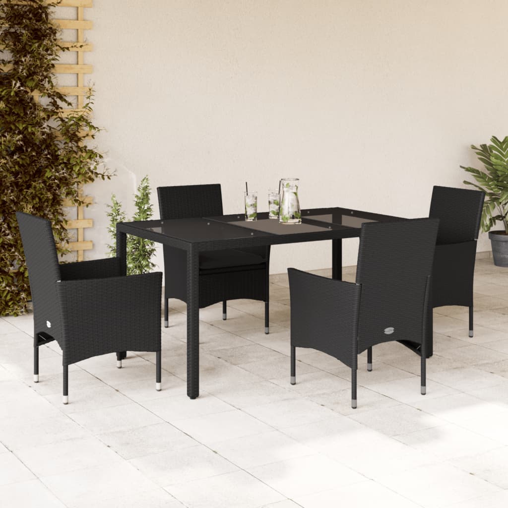 5-delige Tuinset met kussens poly rattan en glas zwart