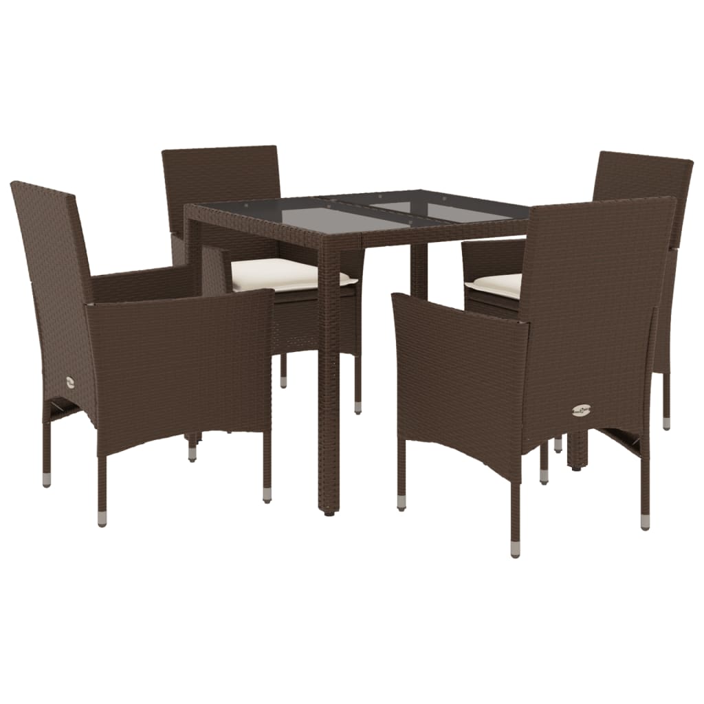 5-delige Tuinset met kussens poly rattan en glas bruin