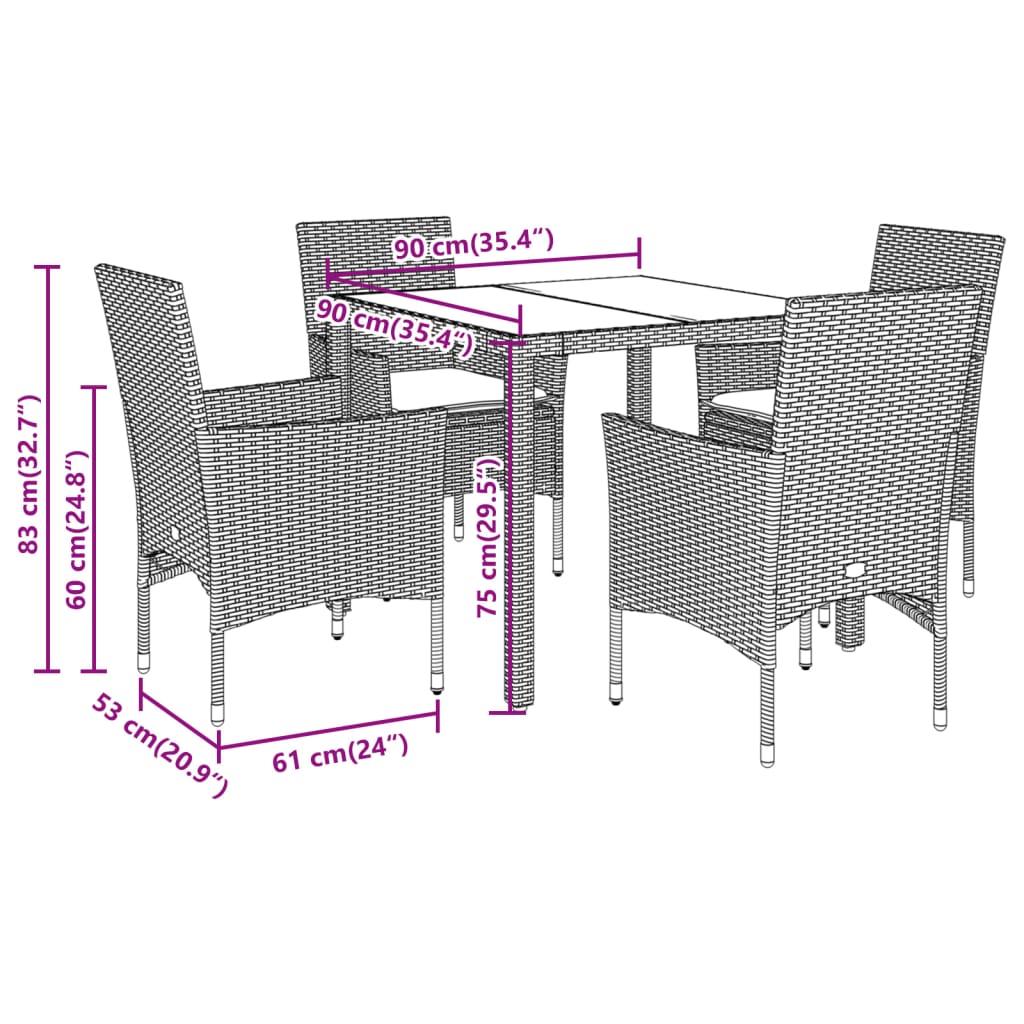 5-delige Tuinset met kussens poly rattan en glas bruin