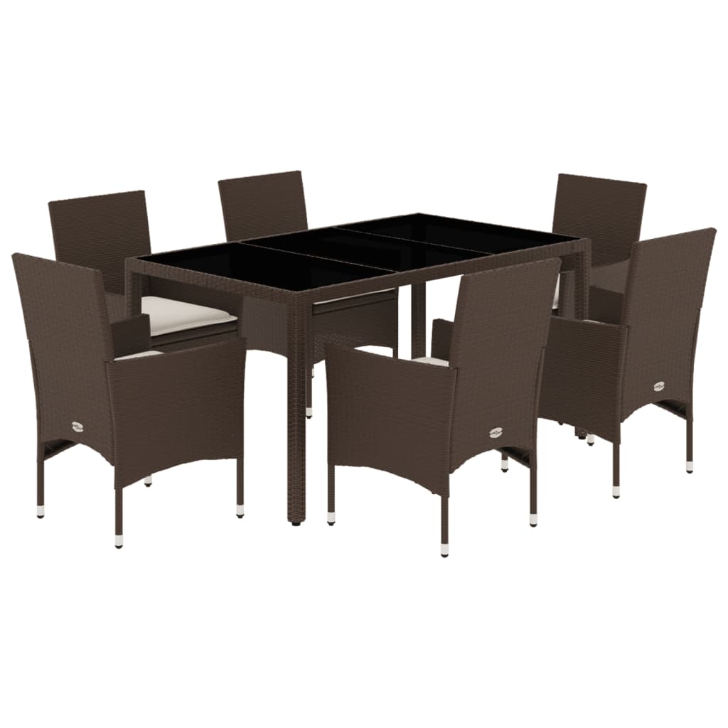 7-delige Tuinset met kussens poly rattan en glas bruin