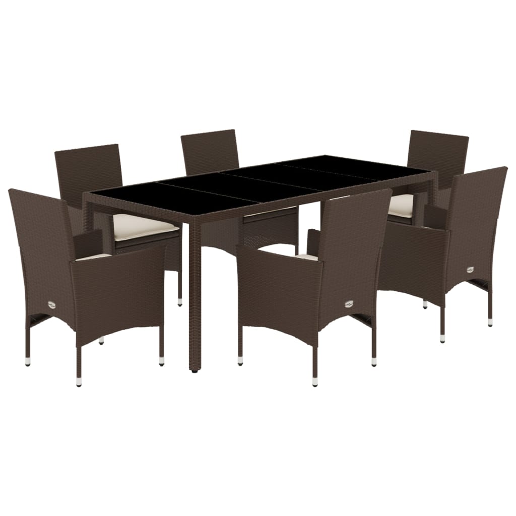 7-delige Tuinset met kussens poly rattan en glas bruin