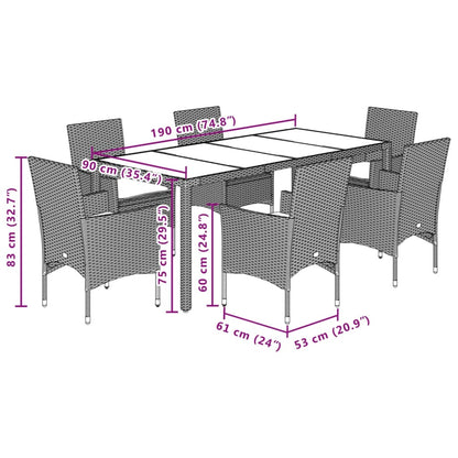 7-delige Tuinset met kussens poly rattan en glas bruin