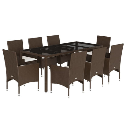 9-delige Tuinset met kussens poly rattan en glas bruin
