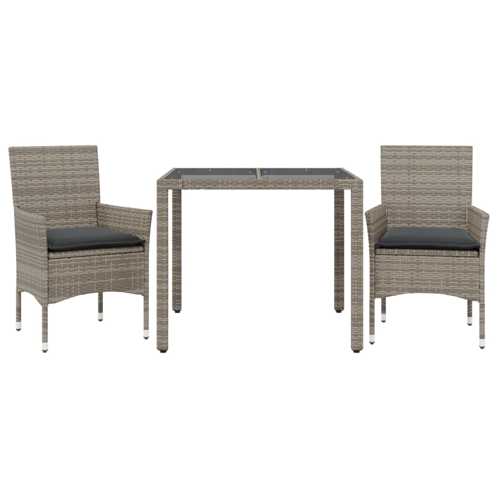 3-delige Tuinset met kussens poly rattan en glas grijs