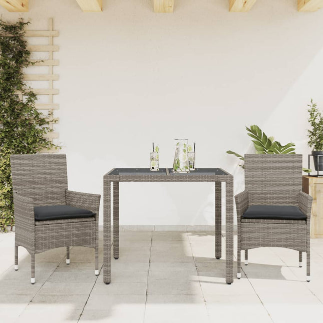 3-delige Tuinset met kussens poly rattan en glas grijs