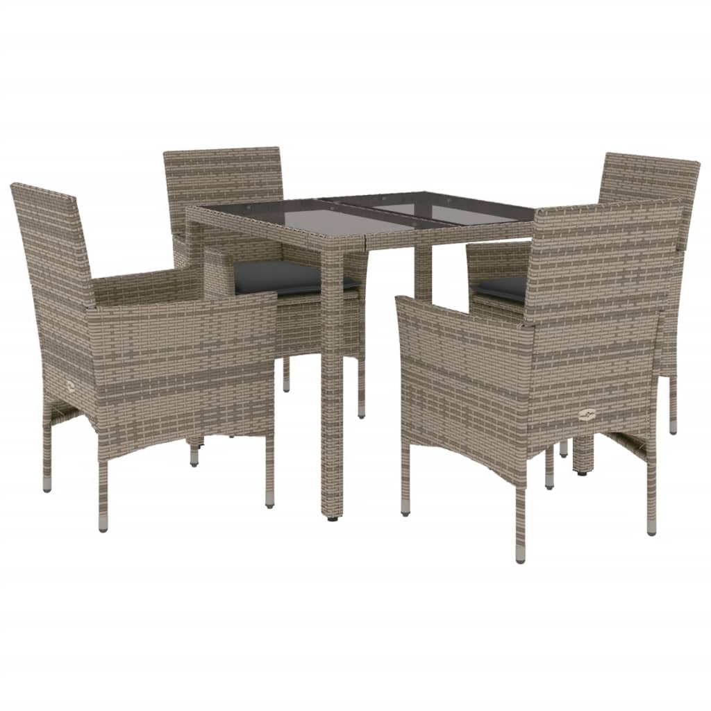 5-delige Tuinset met kussens poly rattan en glas grijs