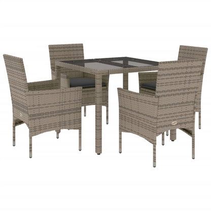 5-delige Tuinset met kussens poly rattan en glas grijs