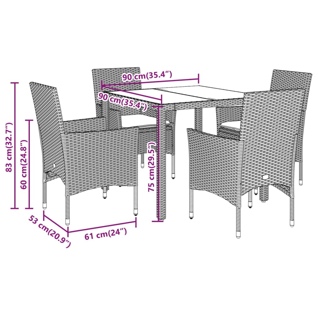 5-delige Tuinset met kussens poly rattan en glas grijs