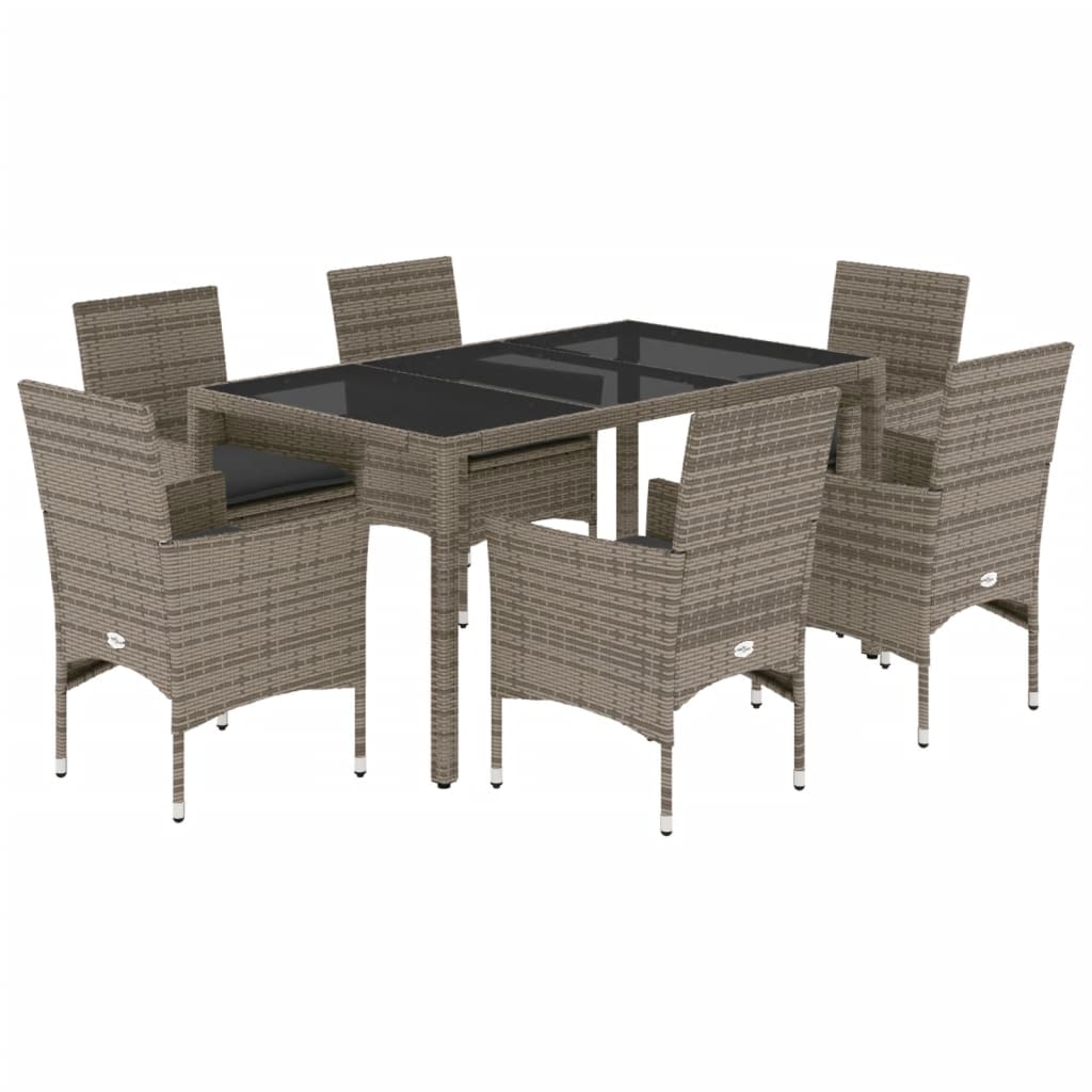 7-delige Tuinset met kussens poly rattan en glas grijs