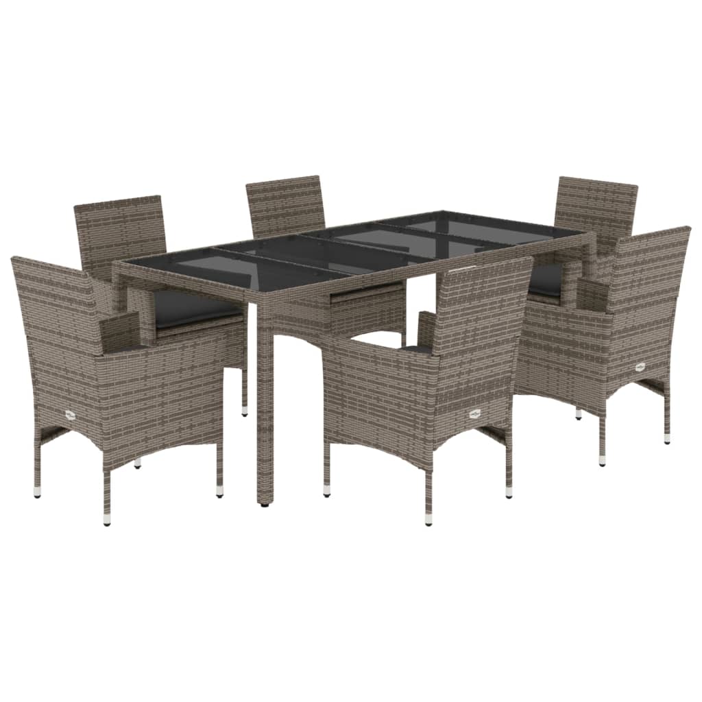 7-delige Tuinset met kussens poly rattan en glas grijs