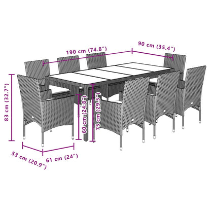 9-delige Tuinset met kussens poly rattan en glas grijs