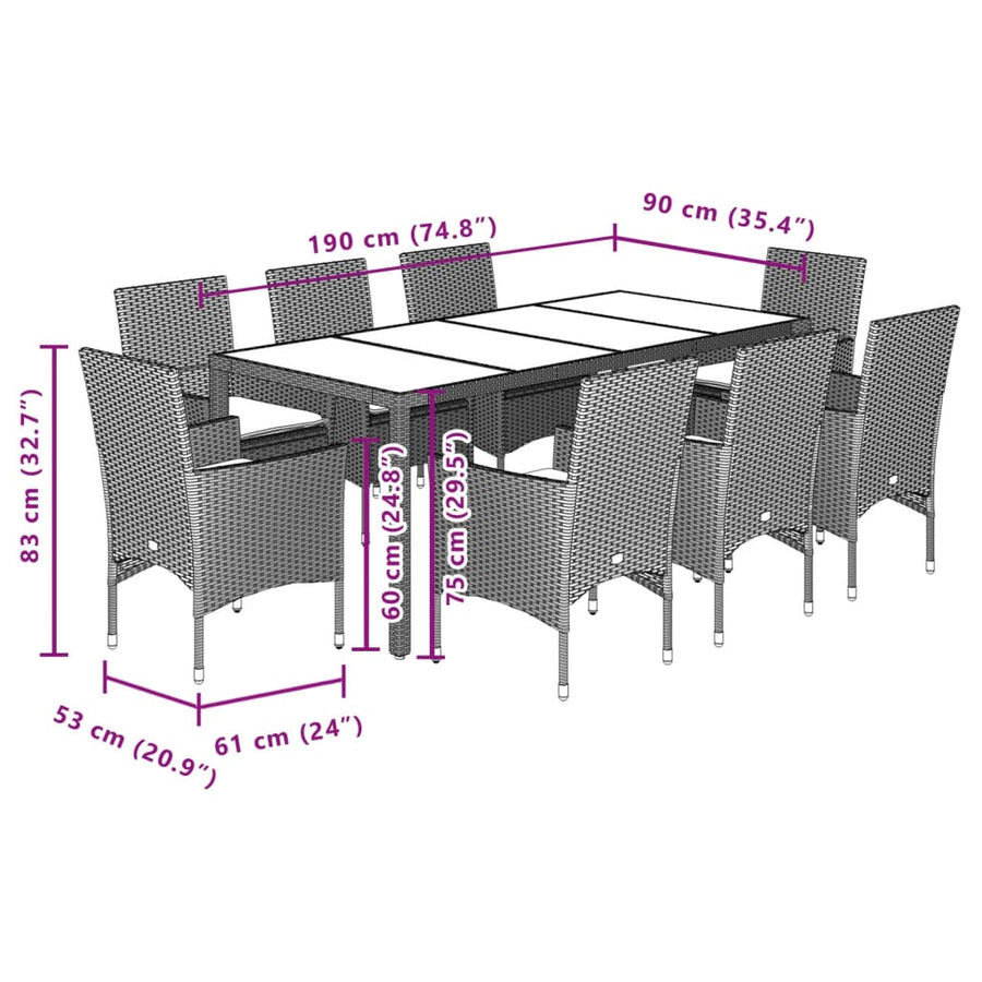 9-delige Tuinset met kussens poly rattan en glas grijs