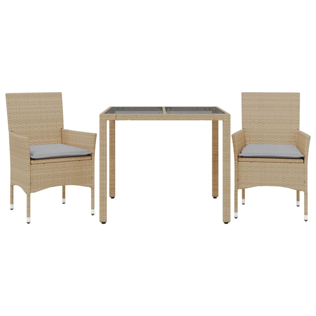 3-delige Tuinset met kussens poly rattan en glas beige