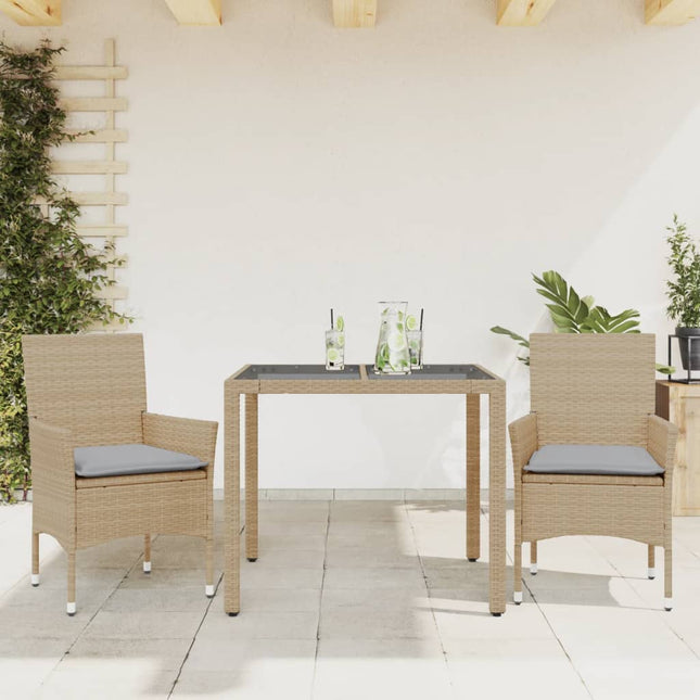 3-delige Tuinset met kussens poly rattan en glas beige