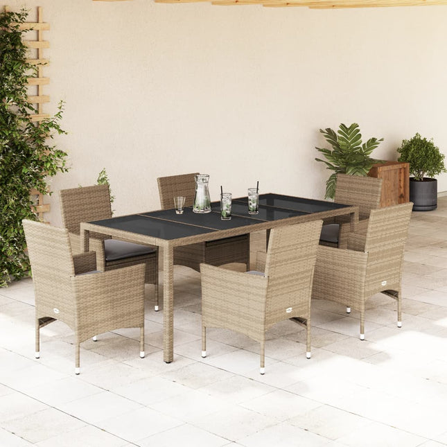 7-delige Tuinset met kussens poly rattan en glas beige