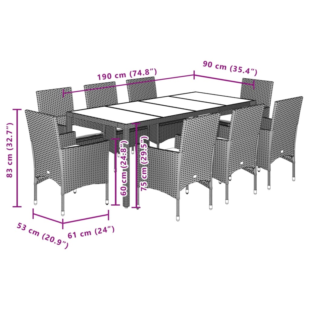 9-delige Tuinset met kussens poly rattan en glas beige