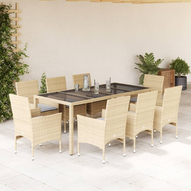 9-delige Tuinset met kussens poly rattan en glas beige