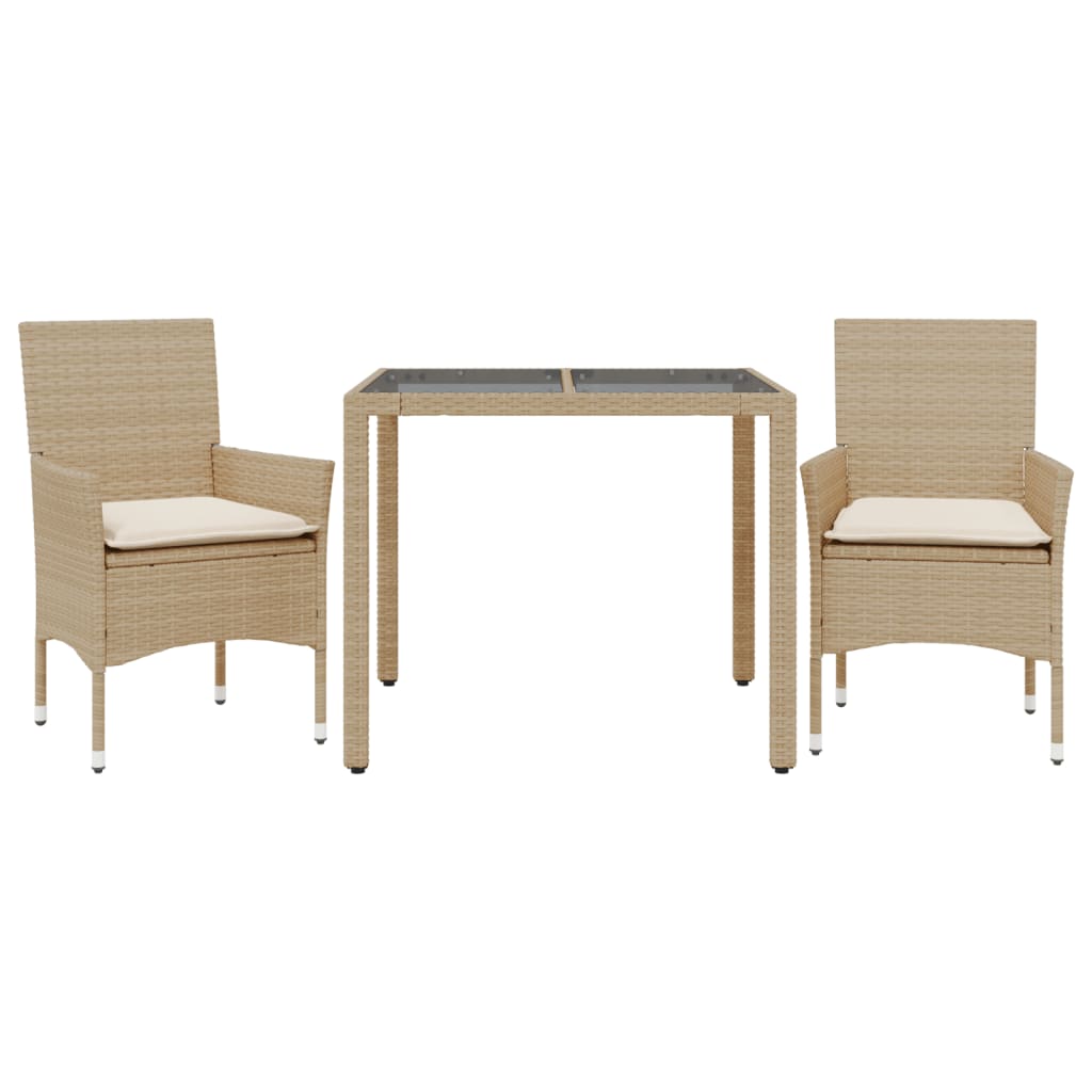 3-delige Tuinset met kussens poly rattan en glas beige
