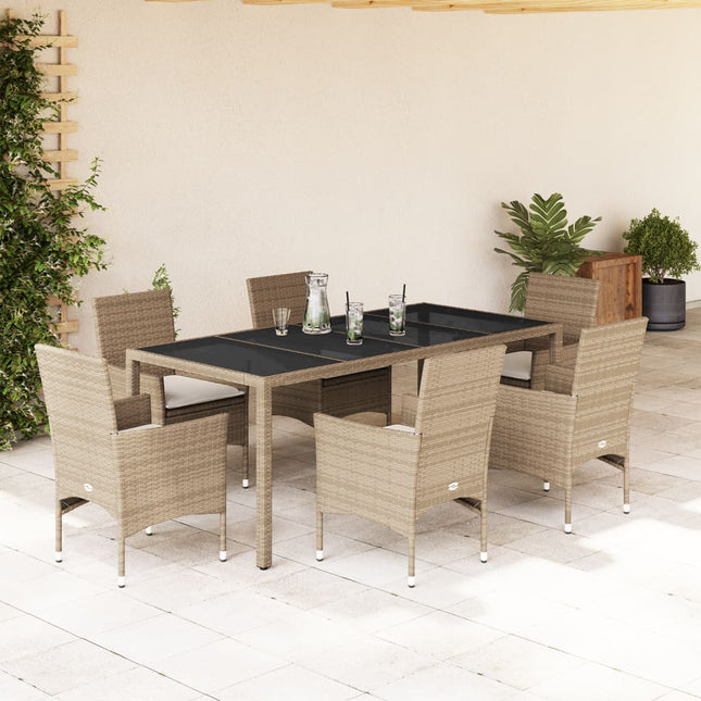 7-delige Tuinset met kussens poly rattan en glas beige