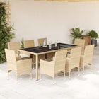 9-delige Tuinset met kussens poly rattan en glas beige