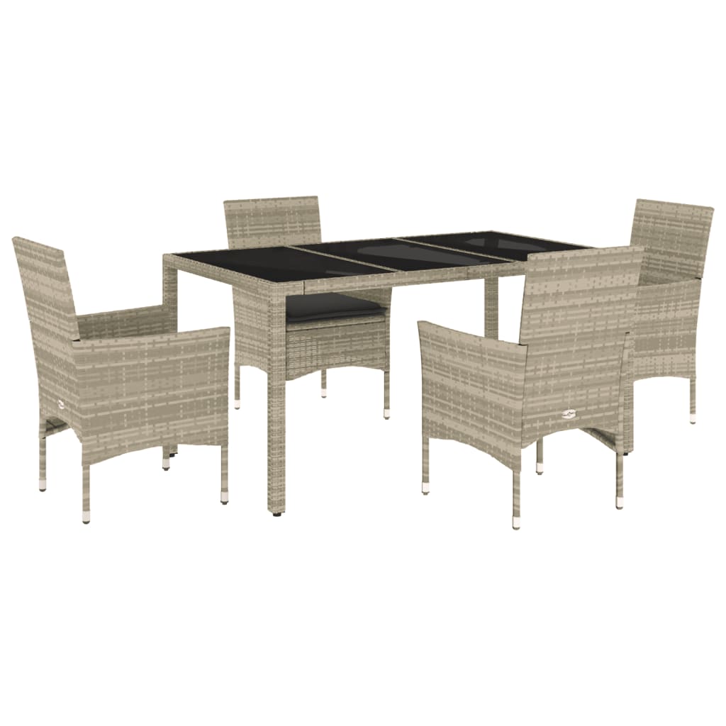 5-delige Tuinset met kussens poly rattan en glas lichtgrijs