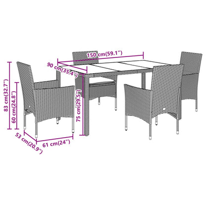 5-delige Tuinset met kussens poly rattan en glas lichtgrijs