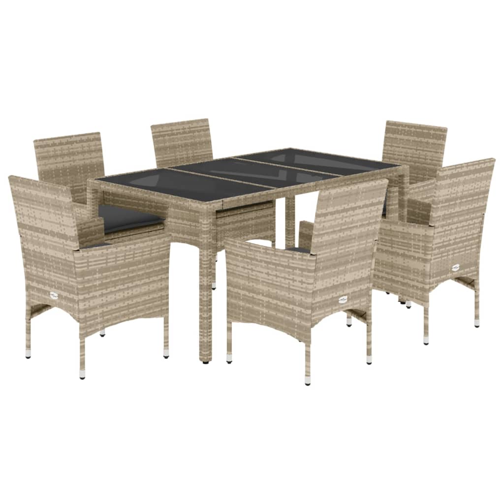 7-delige Tuinset met kussens poly rattan en glas lichtgrijs