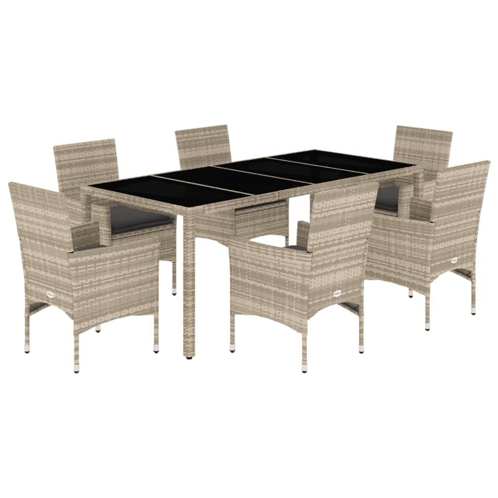 7-delige Tuinset met kussens poly rattan en glas lichtgrijs