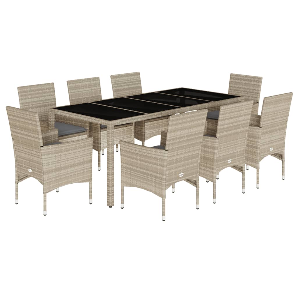 9-delige Tuinset met kussens poly rattan en glas lichtgrijs