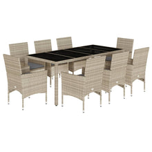 9-delige Tuinset met kussens poly rattan en glas lichtgrijs