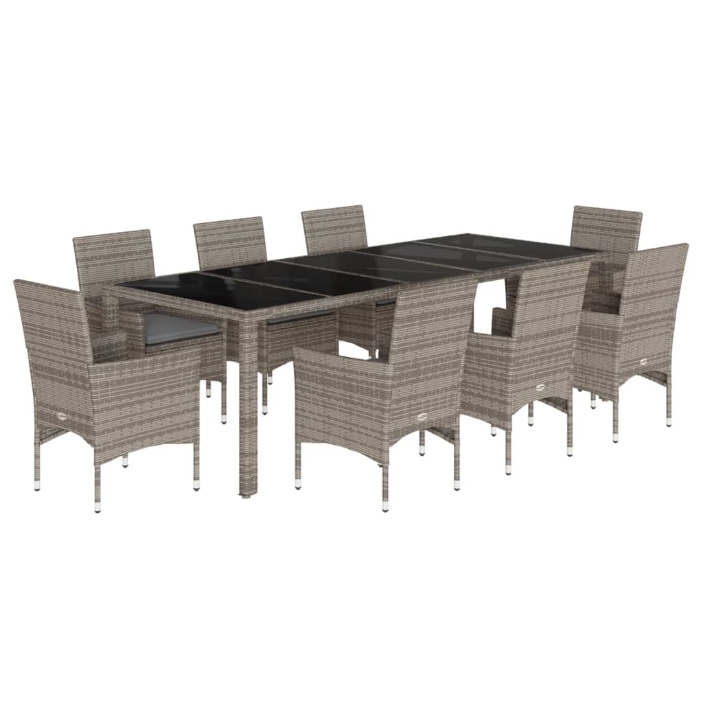 9-delige Tuinset met kussens poly rattan en glas grijs