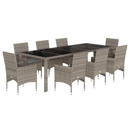 9-delige Tuinset met kussens poly rattan en glas grijs