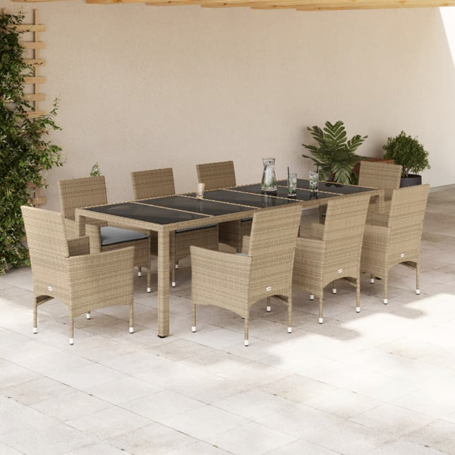 9-delige Tuinset met kussens poly rattan en glas beige