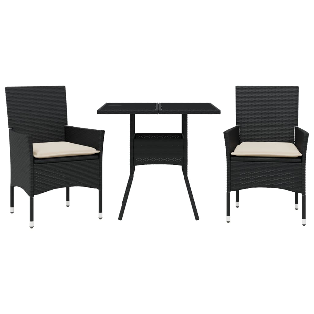 3-delige Tuinset met kussens poly rattan en glas zwart