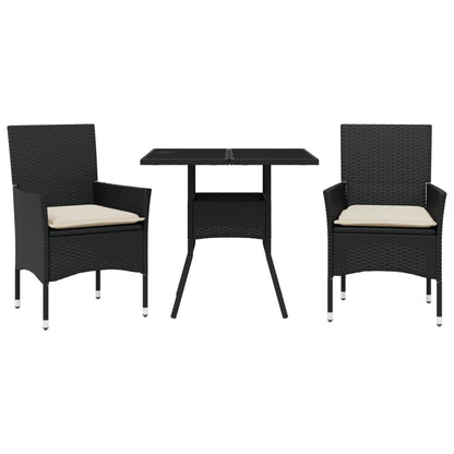 3-delige Tuinset met kussens poly rattan en glas zwart