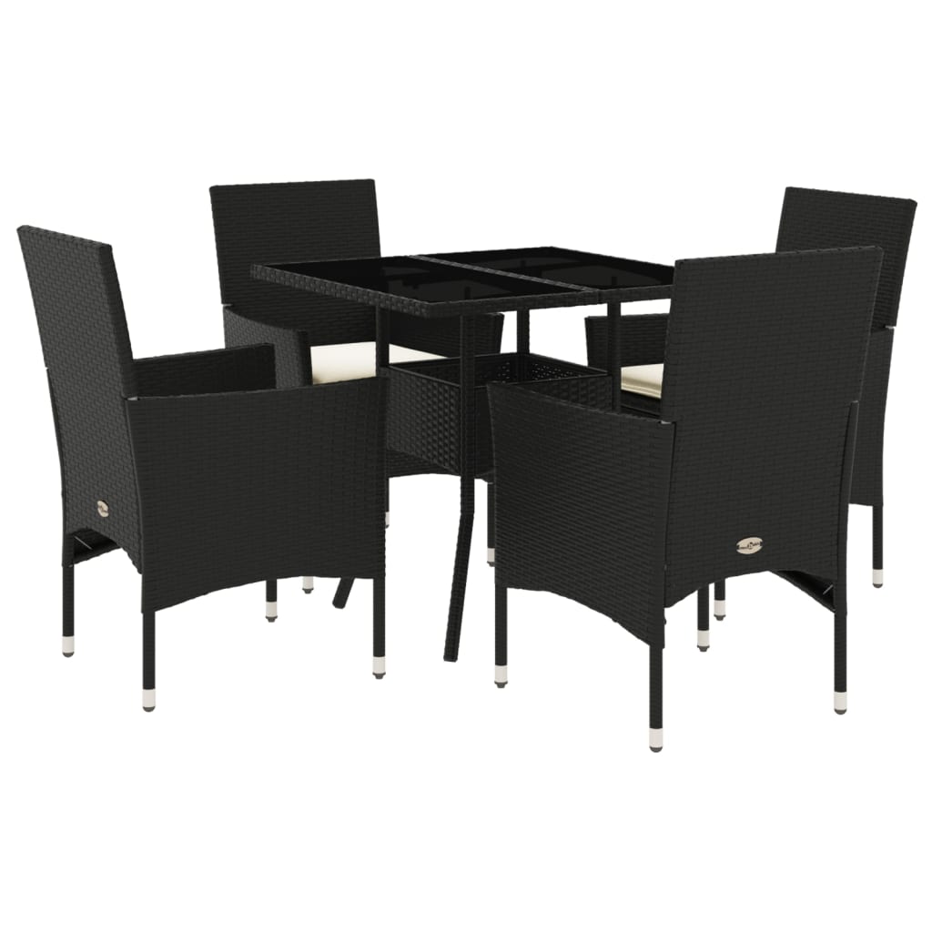 5-delige Tuinset met kussens poly rattan en glas zwart