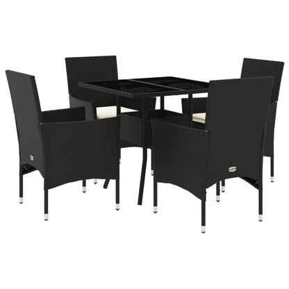 5-delige Tuinset met kussens poly rattan en glas zwart