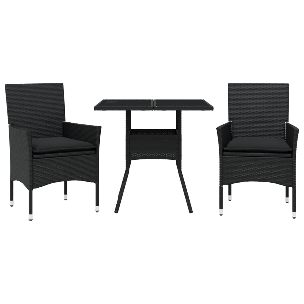 3-delige Tuinset met kussens poly rattan en glas zwart