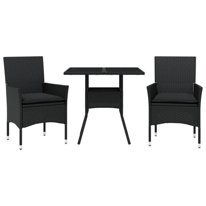 3-delige Tuinset met kussens poly rattan en glas zwart