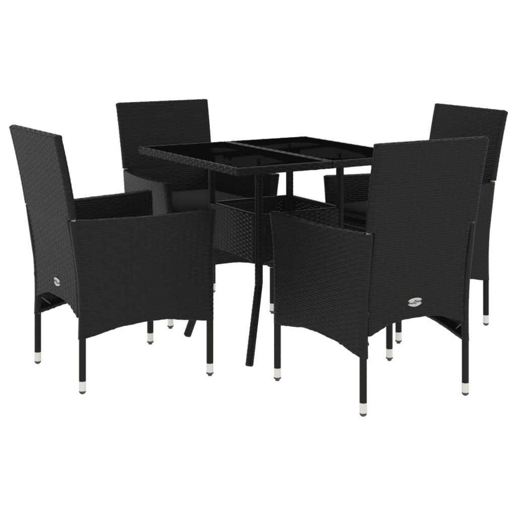 5-delige Tuinset met kussens poly rattan en glas zwart