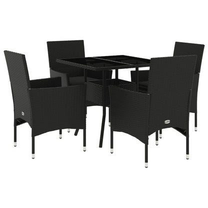 5-delige Tuinset met kussens poly rattan en glas zwart