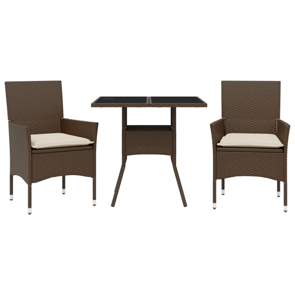 3-delige Tuinset met kussens poly rattan en glas bruin