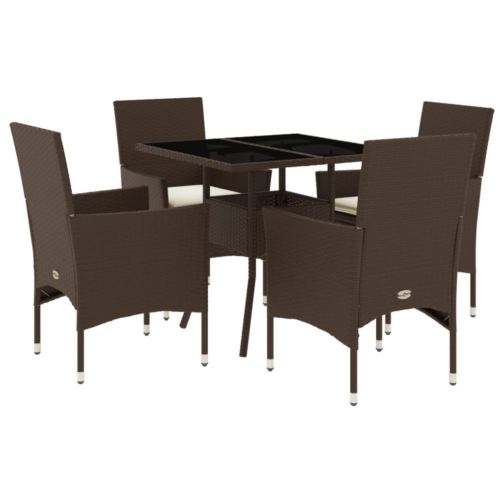 5-delige Tuinset met kussens poly rattan en glas bruin